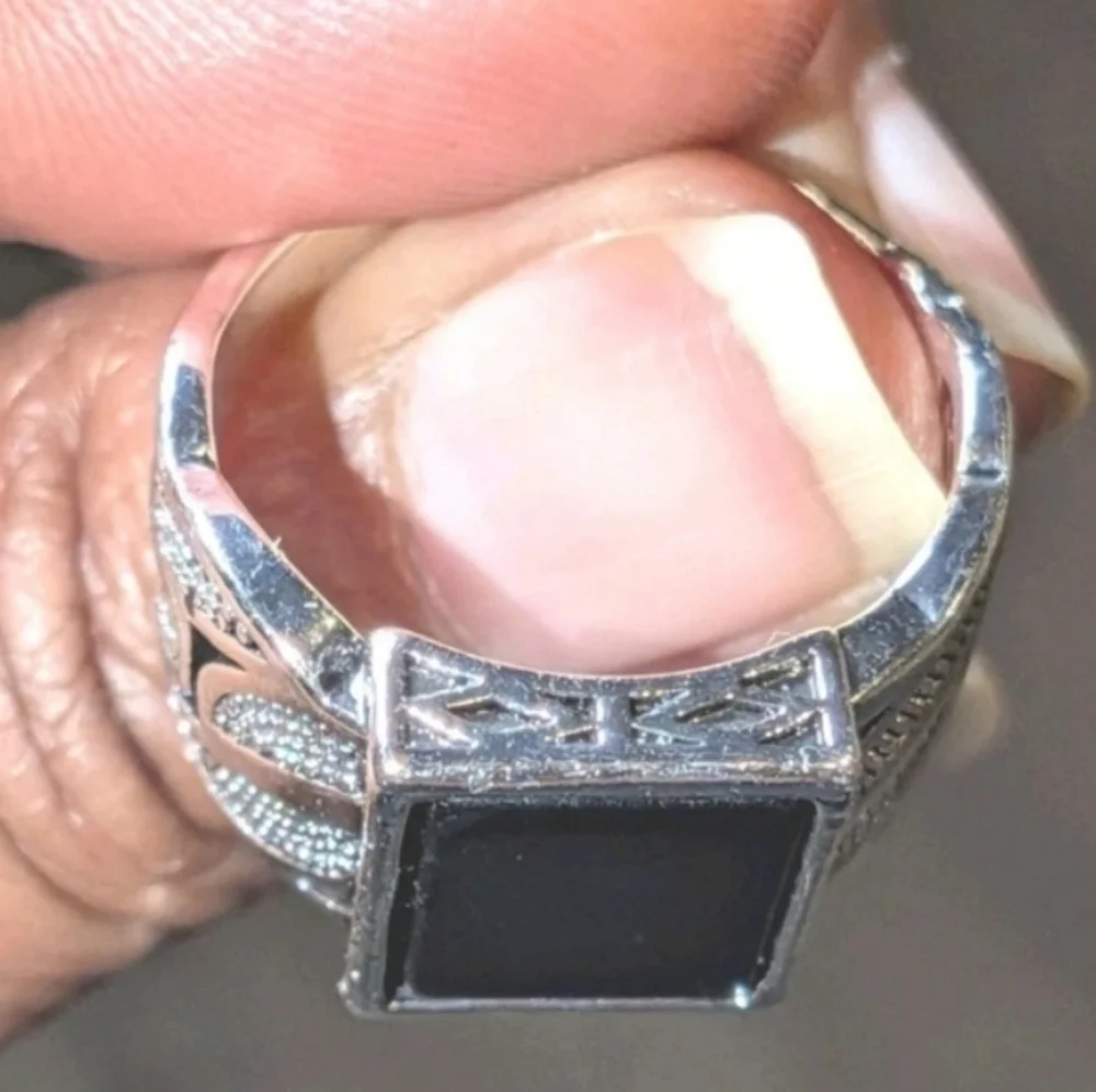 14k White gold Plated Over Sterling silver Turkish Gemstone Black Onyx Mens Ring